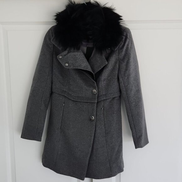 NWT Genuine Raccoon Fur Collar Wool Gray Coat Raccoon Fur Removable - Picture 2 of 16